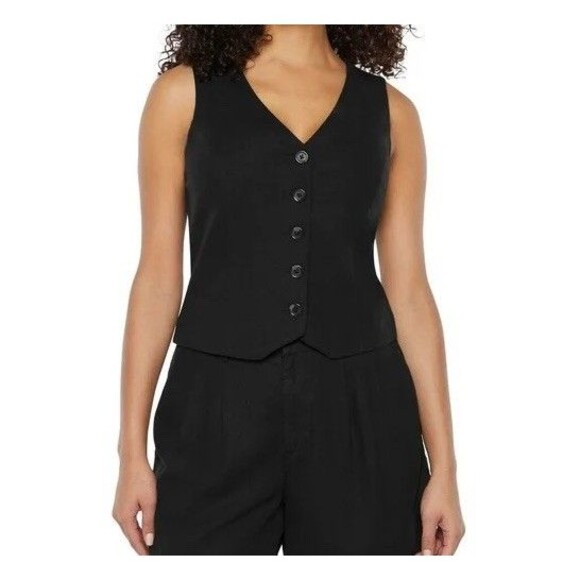 New Express Women's Classic Fit V-Neck Button Up Linen Vest Size M Black - Picture 1 of 11